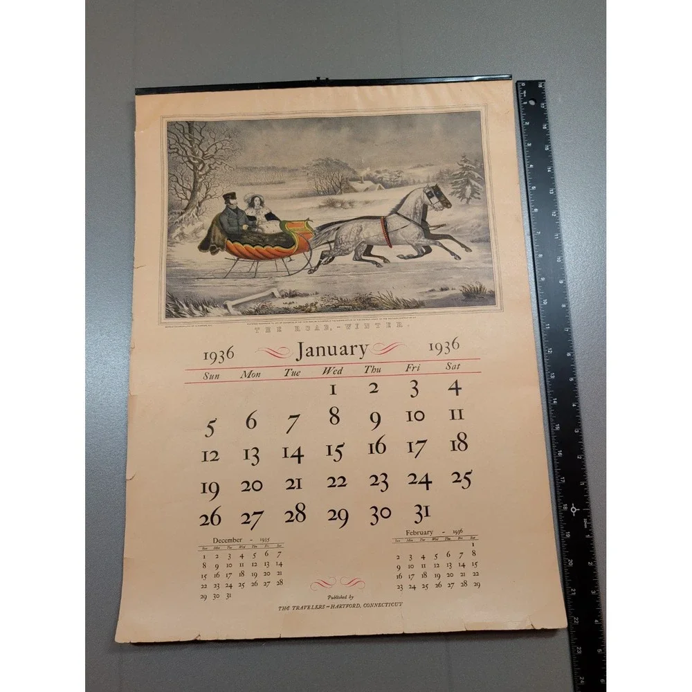 Vintage 1936 The Travelers Insurance Currier &‎ Ives Wall Calendar Hartford CT